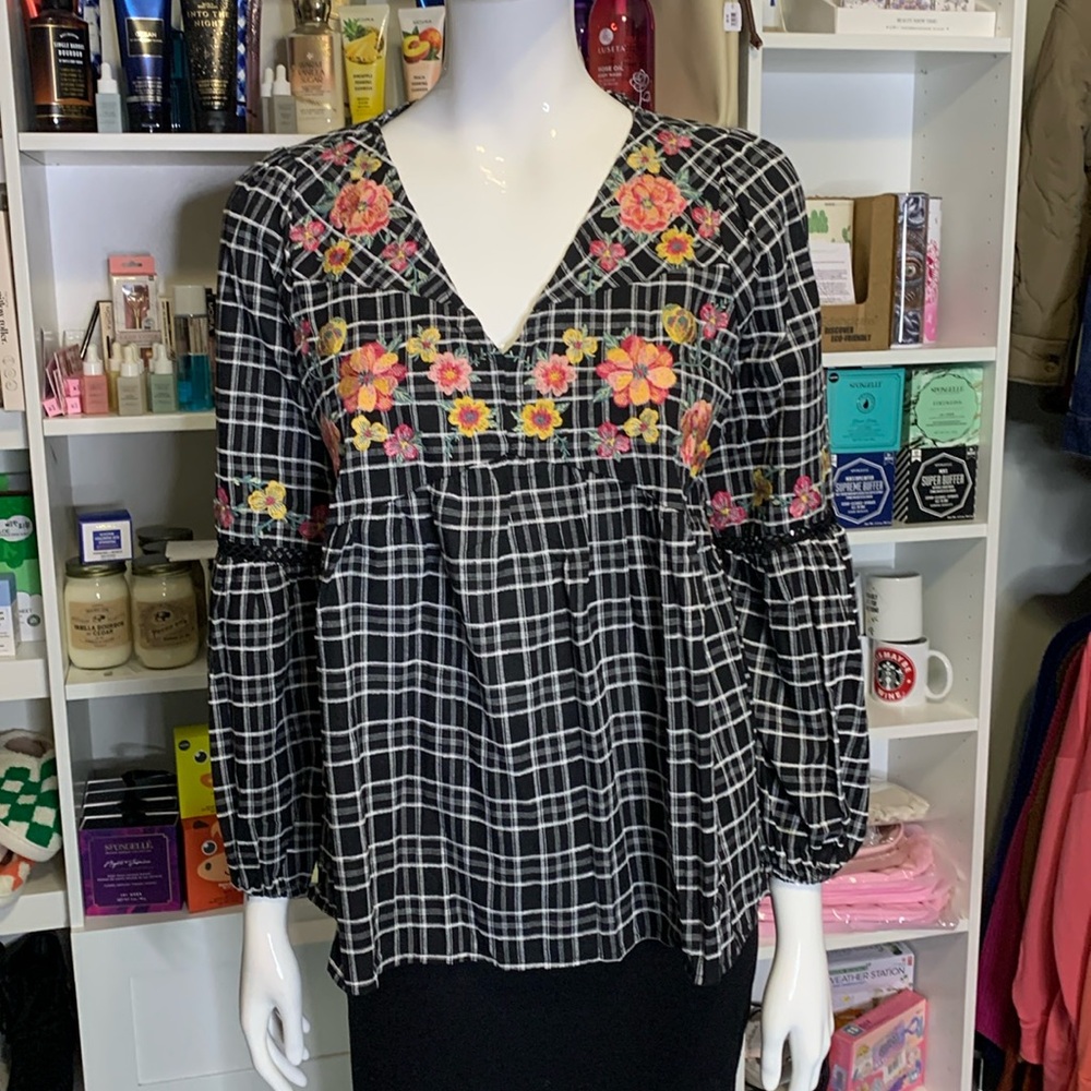 Savanna Jane Black Plaid Embroidered Boho Top